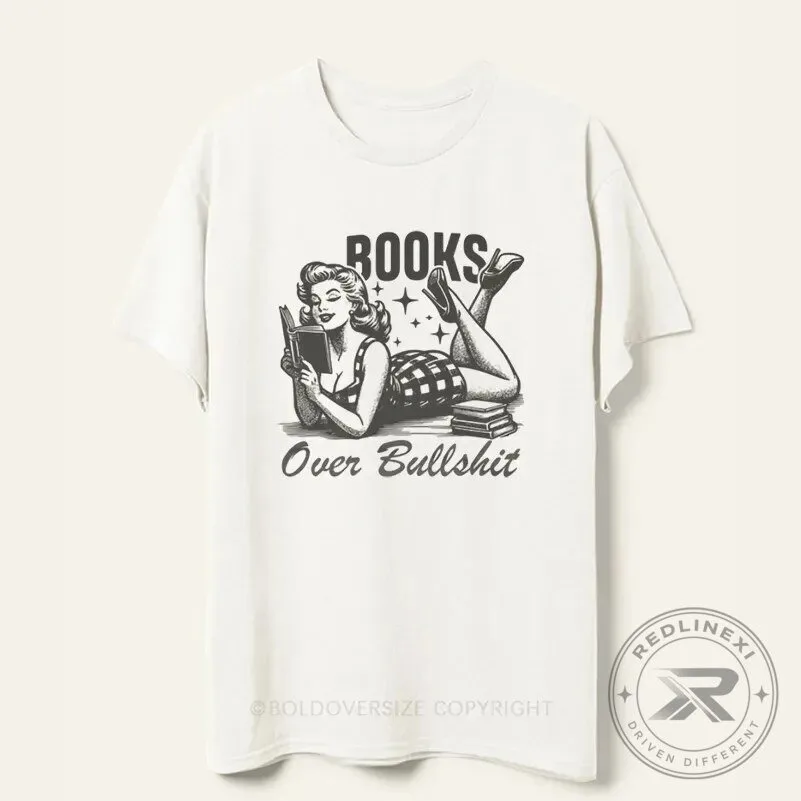 Vintage Pinup Girl Books Over Bullshit Reading T-Shirt